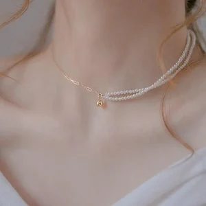 Asymmetric Gold Link and Pearl Necklace- Fullmoon Creations