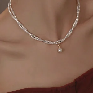 Double-Strand Pearl Pendant Necklace- Fullmoon Creations