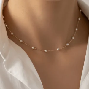 Simple Dainty Pearl Station Necklace- Fullmoon Creations