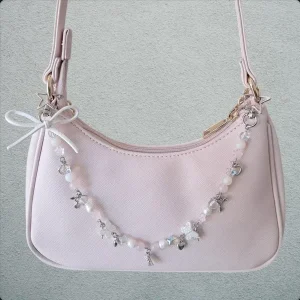 Whimsical Pink and White Beaded Bag Charm- Fullmoon Creations