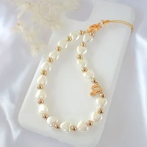 White heart with golden beads phone charm- Fullmoon Creations